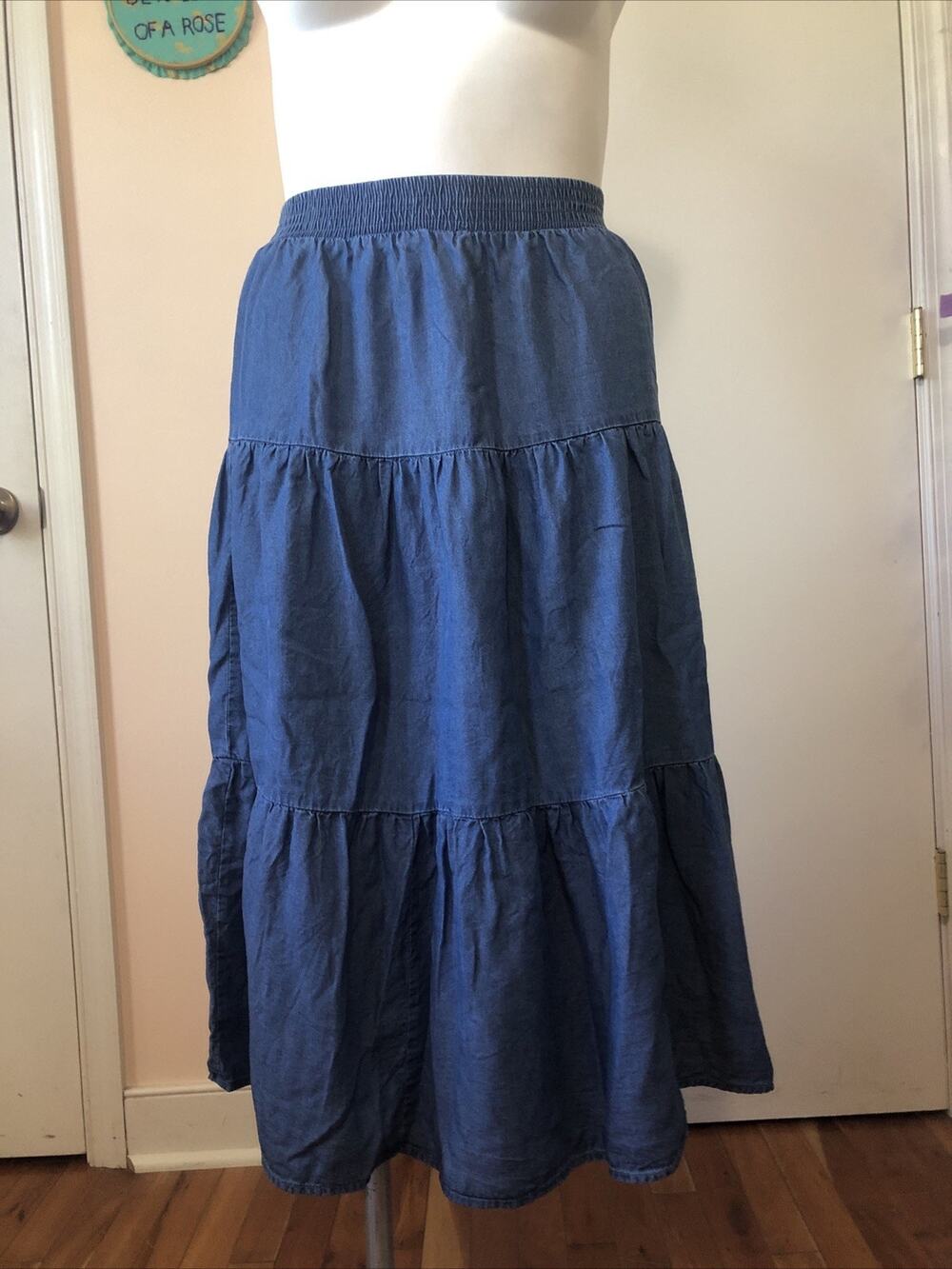 The Pioneer Woman Tiered Chambray Blue Maxi Skirt Elastic Waist Medium